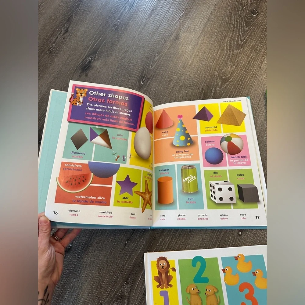 Children bilingual Spanish English learning books shapes, colors, words, numbers
